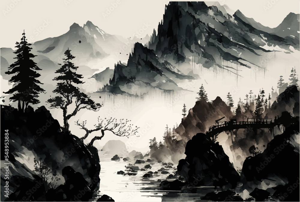 Watercolor mountain background. Landscape with mountains in a