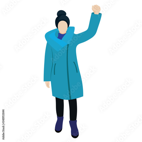 A girl in a long blue jacket and a winter hat stands with her hand raised, flat vector, isolated on white, protest, faceless illustration