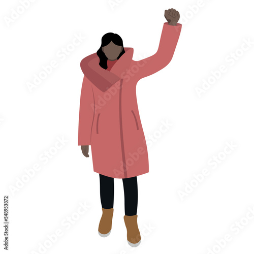 A black girl in a winter long red jacket stands with her hand raised, flat vector, isolated on white, protest, faceless illustration