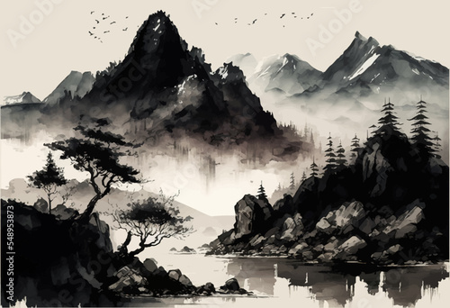 Watercolor mountain background. Luxurious mountainous terrain in oriental style. Wallpaper design, prints and invitations, postcards. Majestic mountains. vector illustration