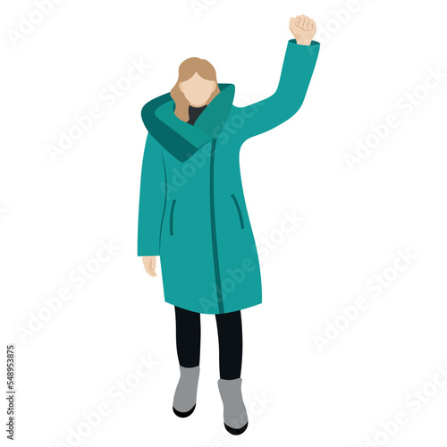 A girl in a winter long green jacket stands with her hand raised, flat vector, isolated on white, protest, faceless illustration