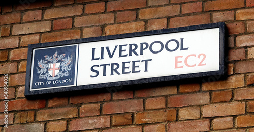 Liverpool Street sign on a brick wall in London, UK.  photo