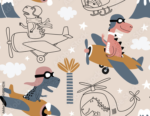 seamless pattern with with Cute dinosaurs flying in airplane.