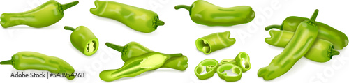 Set with whole, half, quarter, slices, and wedges of Shishito green pepper. Capsicum annuum. Chili pepper. Fresh organic vegetables. Vector illustration isolated on white background.