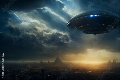UFO über Stadt - Thema Außerirdische und erster Kontakt oder Aliens photo