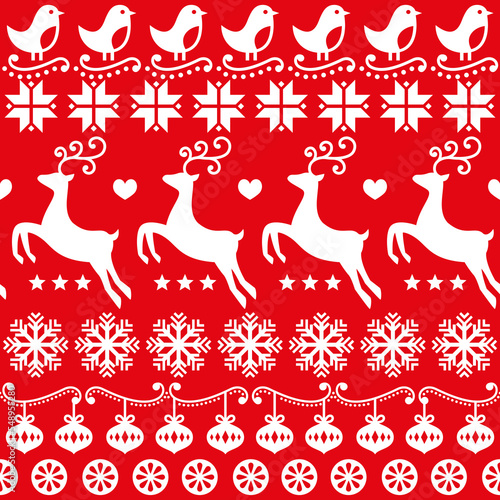 Christmas cute folk art vector seamless pattern with birds, reindeer and snowflakes, Scandinavian and Nordic inspired wallpaper, textile or fabric print design in white on red background 
