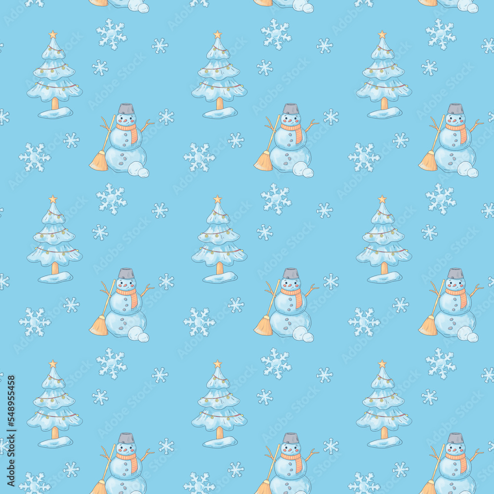 Seamless pattern with a snowman, Christmas tree and snowflakes on a blue background. Cute illustration for fabrics and wrapping paper in high quality in cartoon style