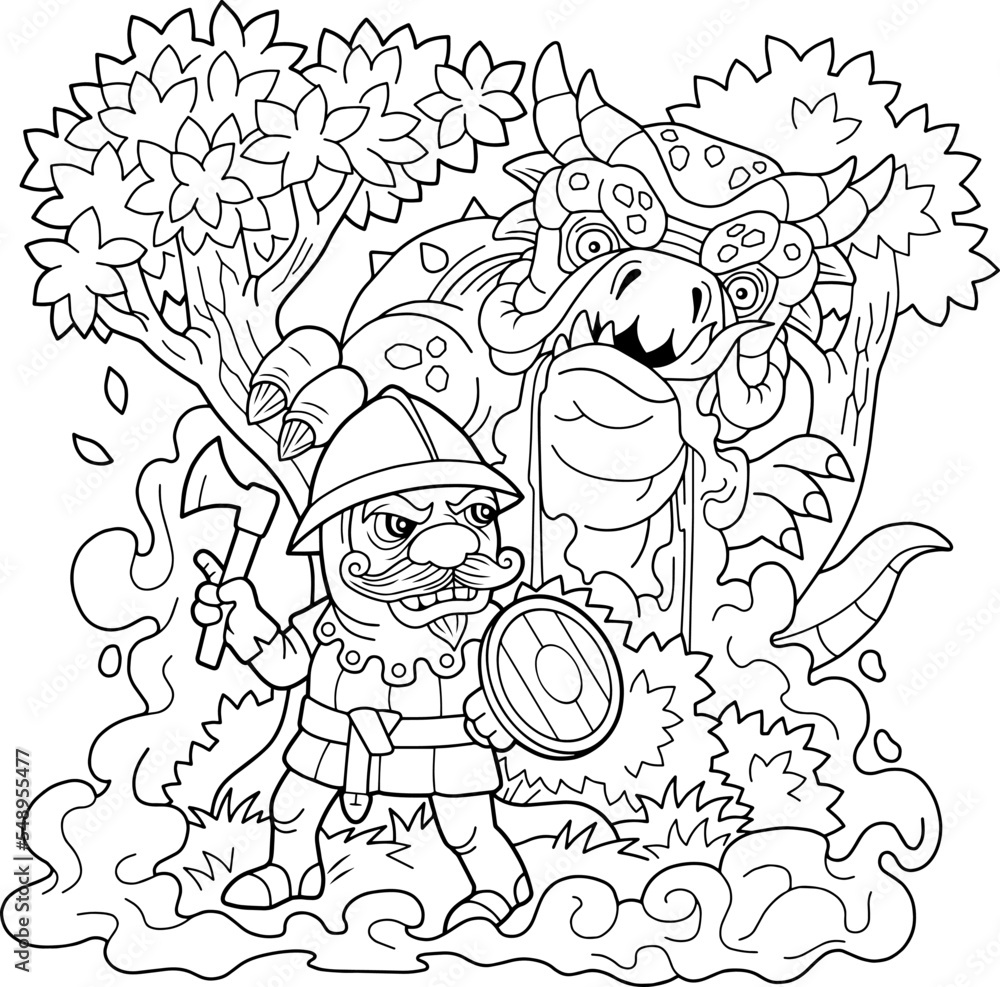 cartoon knight and dragon, coloring book, outline illustration Stock