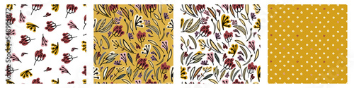 Seamless patterns set with hand drawn inflorescences on white background for surface design and other design projects