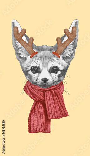 Portrait of Fennec Fox with Christmas Antlers. Hand-drawn illustration