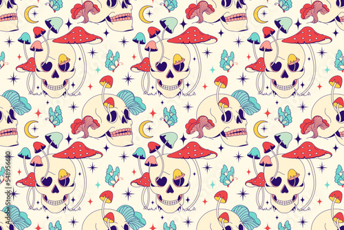 Mystery occult wallpaper with funguses.Grave concept and groovy fungi on tricky background for fabric or surface design. Fun trippy backdrop with skull and forest mushrooms