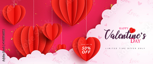 Happy valentine's day sale vector banner design. Valentine's day limited time offer text with paper cut hanging hearts for holiday season promotion. Vector Illustration.
