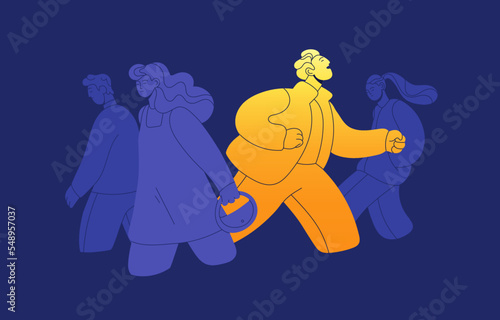 Happy positive person with high energy among sad ordinary crowd of people. Outstanding excited inspired enthusiastic man in good mood. Energetic active character, inspiration. Flat vector illustration