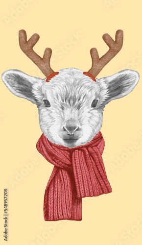 Portrait of Lamb with Christmas Antlers. Hand-drawn illustration.