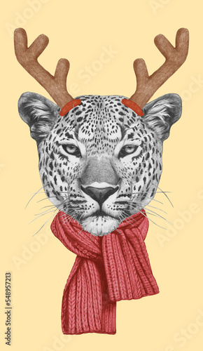 Portrait of Leopard with Christmas Antlers. Hand-drawn illustration.