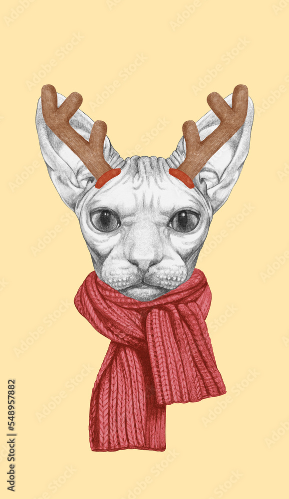 Obraz premium Portrait of Sphynx cat with Christmas Antlers. Hand-drawn illustration.