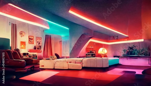 Futuristic and synthwave interior in the style of 80s 