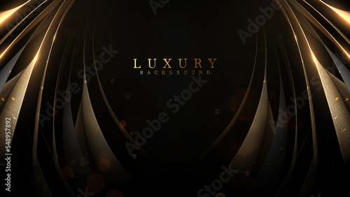 Black background with gold ribbon elements and glitter light effect decorations and bokeh. Luxury style design concept. Vector illustration.
