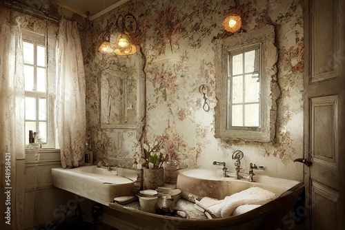 Shabby chic style bathroom interior with royalty wallpaper illustration