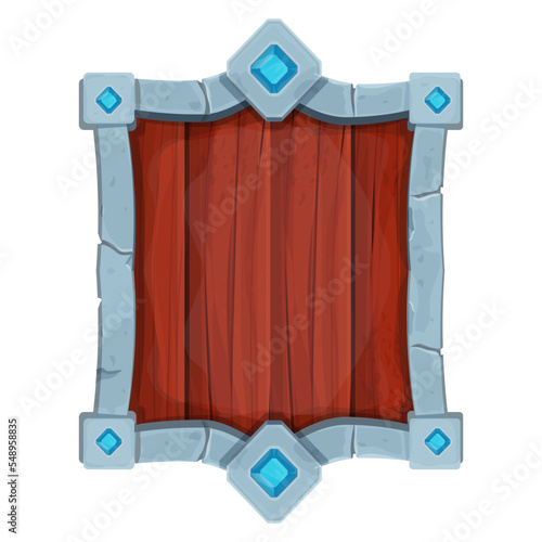 Stone and wooden shield armour medieval in cartoon style isolated on white background. Game weapon, frame, menu element. 