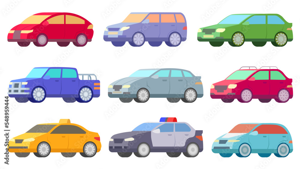 Colorful car vector illustration set. Flat style automobile collection. Urban automobiles, pickup, taxi, police car illustrations. 