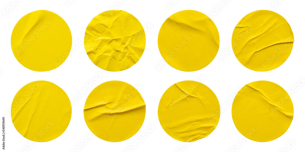 Yellow round paper sticker label set isolated on white background - obrazy, fototapety, plakaty 