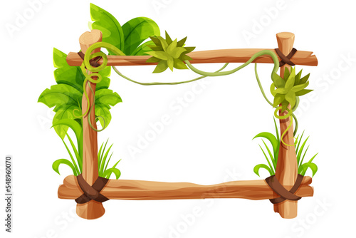 Frame from sticks, wooden planks decorated with grass and liana, jungle leaves in comic cartoon style isolated on white background. Border, jungle panel textured and detailed. Game asset, menu