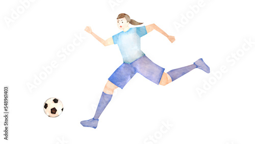 サッカーをするアジア人女性の水彩風背景透過イラスト
