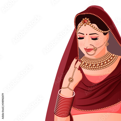 Women in traditional Indian Bridal look, Women in saree with heavy gold Jewelry, Indian Bride character vector illustration for invitation cards, banner, social media promotions. photo