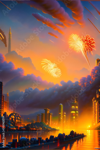  Art illustration of colorful fireworks over the city skyline on a New Year Eve / Silvester 