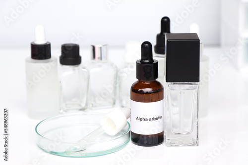 Alpha arbutin in a bottle, chemical ingredient in beauty product