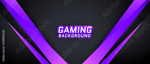 Modern futuristic black and purple gradient game banner design template with metal technology concept. Vector for business corporate promotion, game header social media, live streaming background.