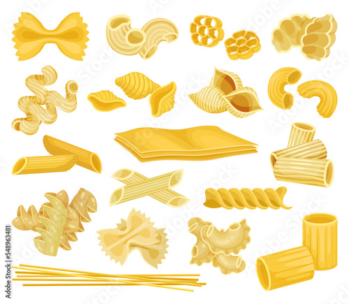 Pasta set. Italian spaghetti, cannelloni, farfalle, tagliatelle, spaghetti, conchiglie cartoon vector