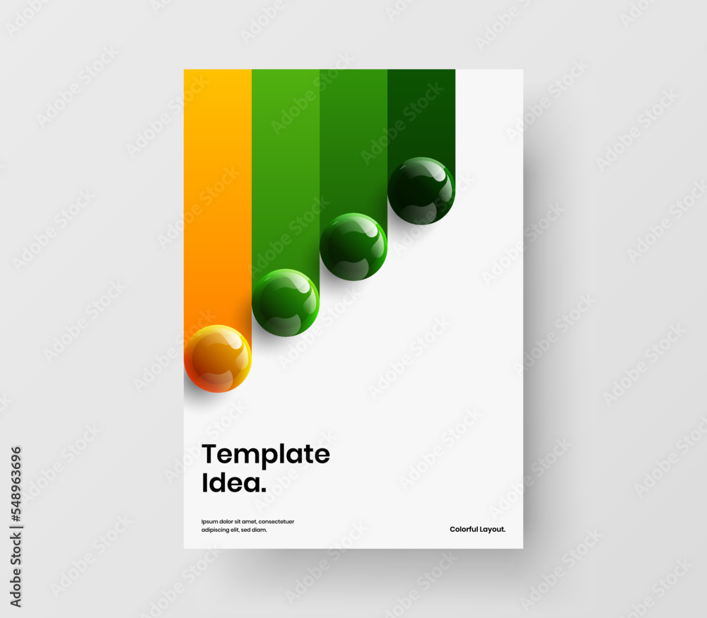 Minimalistic journal cover A4 vector design layout. Vivid 3D spheres annual report illustration. Minimalistic journal cover A4 vector design layout. Vivid 3D spheres annual report illustration.