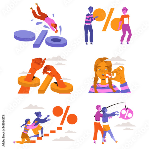 People Characters with Percentage Sign as Interest Rate Vector Set