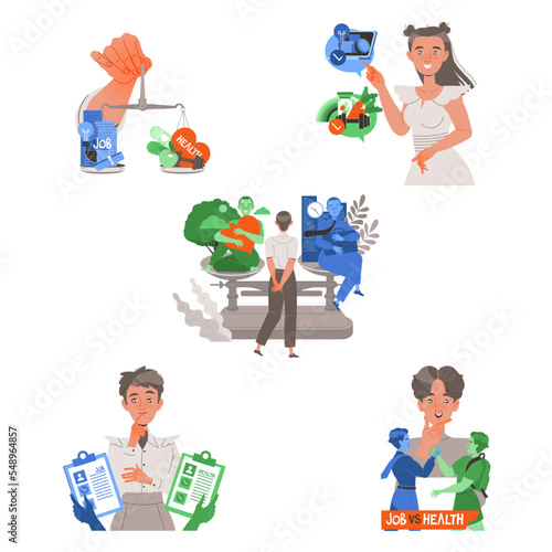 People Characters Choosing Between Health and Work Having Dilemma Weighing and Comparing Vector Set