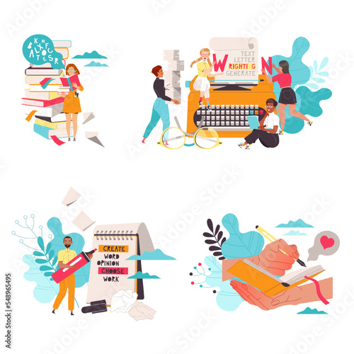 People Characters Working with Text Near Big Typewriter, Notepad and Books Stack Vector Set