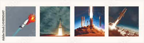 outer space launch system takes off. Vector illustration , Mission Mars poster retro vintage style with rocket. Worn texture separate layer. space exploration, colonization Mars. Space adventure. 