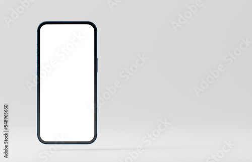 Phone display with blank white screen on grey background. Black modern smartphone mockup. copy space for your advertisement or message. 3d rendering