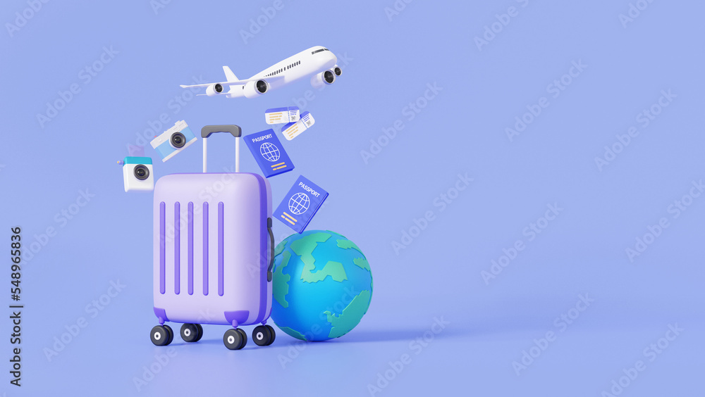 3D Vacation globe map and suitcase with passport boarding pass ticket ...