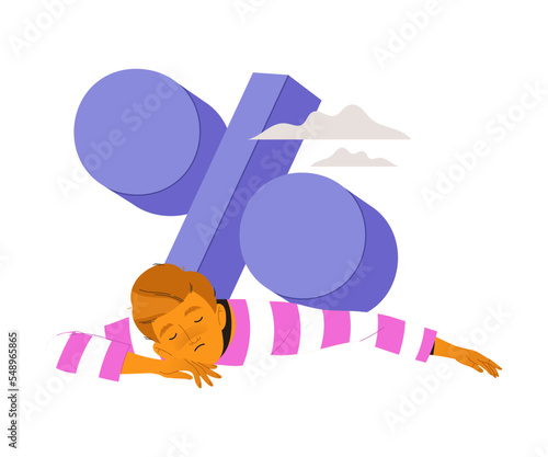 Young Man Character Under Heavy Percentage Sign Feeling Tired with His Burden Vector Illustration
