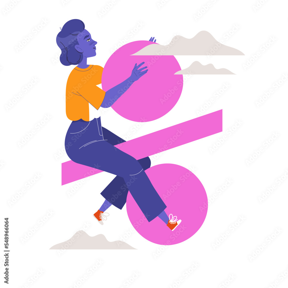 Young Woman Character Sitting on Purple Percentage Sign Flying High Vector Illustration