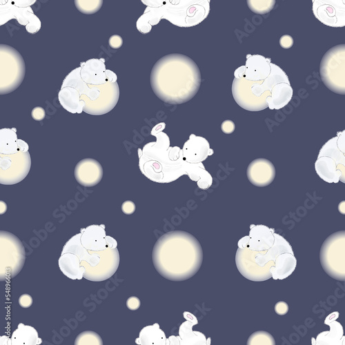 Seamless pattern with animals. Little white bears and fluffy snowballs on a blue background.