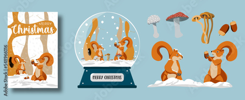 illustration d’écureuils en forêt sous la neige, ramasse des glands, champignons. Affiche, carte de voeux, boule à neige. Ambiance de fête, noël, humour, enfantin. photo