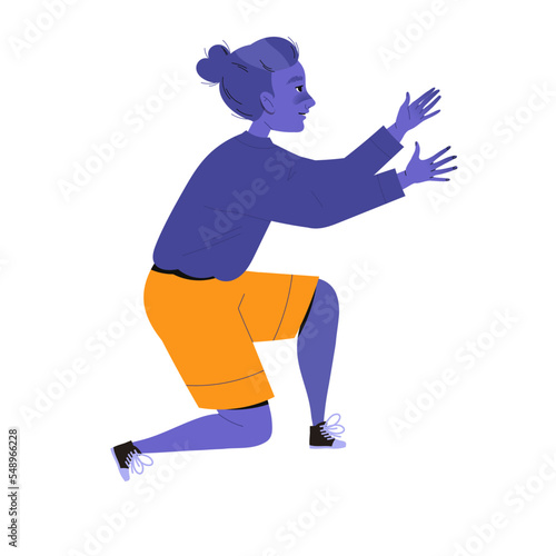 Young Woman on Knees Leaning Forward Reaching Hands Vector Illustration