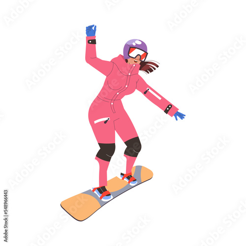 Woman Snowboarding Equipped with Helmet and Goggles in Winter Season Vector Illustration
