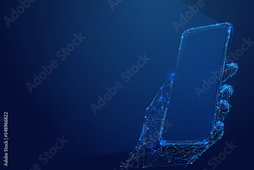 Polygonal 3d hand with phone in dark blue background. Online service, shop, web, app concept. Abstract vector illustration of online service.