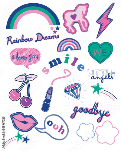 Fun stickers set colourful doodles art. patches and decoration.