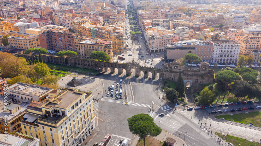 Aerial view of Porta San Giovanni in Rome, Italy. It is a gate in the Aurelian Wall. Its name is due to the proximity Archbasilica of Saint John Lateran.