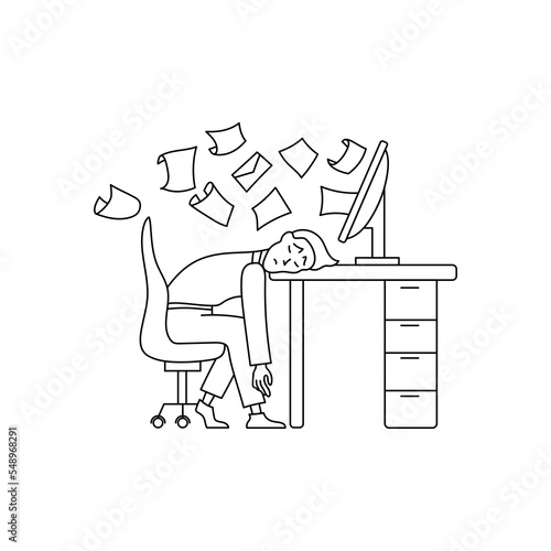 Worker burnout at workplace in office doodle style.